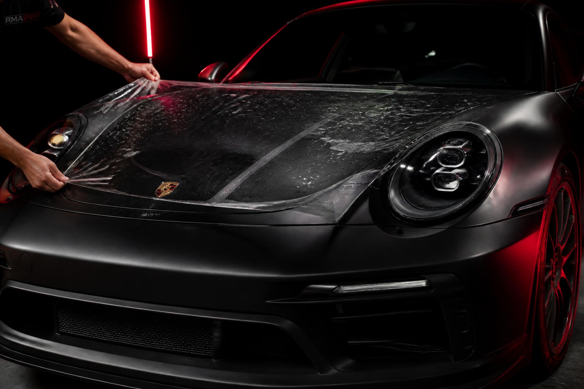 Aplicação de PPF em capô de carro esportivo premium